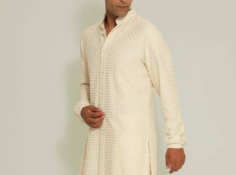 Wedding Vibes :- Vanilla Multi Beaded Kurta For Men Online - Clothing/Accessories