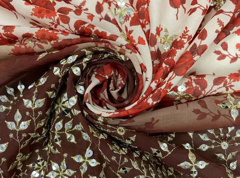 Buy Cream with Brown Ombre Red Floral Embroidery Fabric - Imbrăcăminte/Accesorii