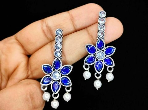 Blue Kundan Silver Plated Chandelier Drop Earrings for Women - Clothing/Accessories
