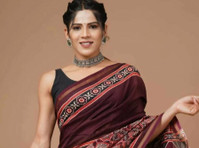 Buy Dark Brown Handblock Printed Chanderi Silk Saree - 衣類/アクセサリー