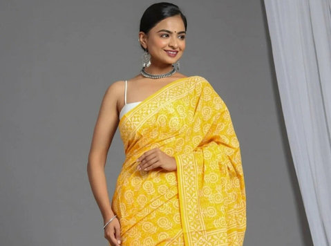 Buy Yellow Cotton Bagru Saree for Your Haldi Day now! - Clothing/Accessories