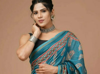 Cyan Handblock Printed Chanderi Silk Saree at the Best Price - Quần áo / Các phụ kiện