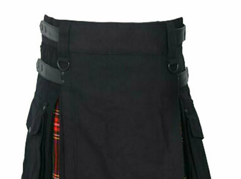 Hybrid Utility Kilts - Black Cotton & Black Stewart Tartan - الملابس والاكسسوارات