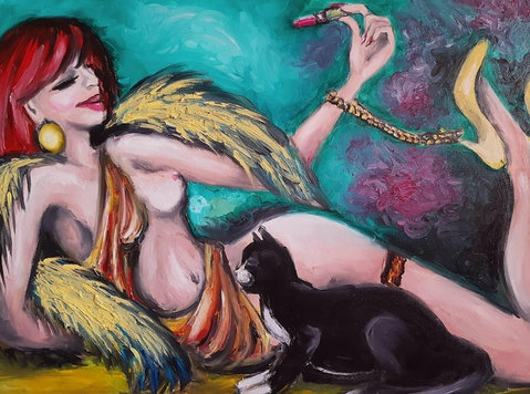 Kobieta z Kotem - sprzedam obraz olejny na płótnie - Kolekcjonerstwo/Antyki