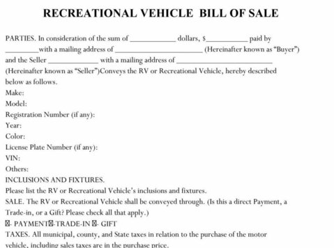 Rv Bill of Sale Form | Recreational Vehicle Bill of Sale - Sonstige