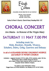 Choral Concert by The Erleigh Cantors at Earley St Peter's Church on Saturday 11 May 7.00-9.30 pm