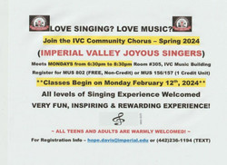 Join Ivc Community Singers (imperial Valley Joyous Singers) Mondays 6:30pm to 8:30pm Rm 305 at Ivc