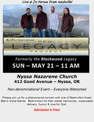 Live Concert in Nyssa with Popular Nashville-based Men's Vocal Band, New Legacy Project