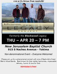 Live Concert in Yakima with Popular Nashville-based Men's Vocal Band, New Legacy Project