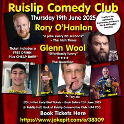 Ruislip Comedy Club @ Ruislip Hall Ha4 7dq : Ticket Includes a Free Drink!