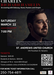 "an evening with Debussy, Ravel, Poulenc and Chopin featuring Charles Richard-Hamelin in Concert"