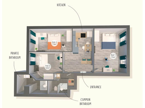 Co-Living: 12m² Bedroom with Private Bathroom - 出租