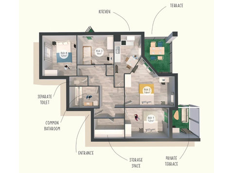 Co-Living: 14m² Bedroom Fully Furnished - Vuokralle