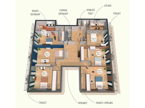 Co-Living: Spacious 25m² Bedroom with Balcony and Workspace - 出租