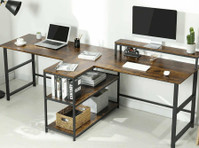 Double Computer Desk with Storage Shelves in Rustic Brown Co